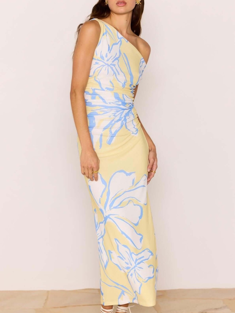 Yellow & Blue Floral Asymmetric Mesh Maxi Dress